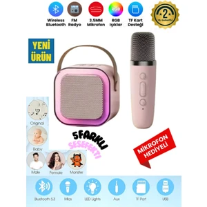 Mercitech K12 Kablosuz Bluetooth Hoparlör Pembe Karaoke Mikrofon 5 Ses Efektli Rgb Hd Stereo Ses Usb/Sd/Fm