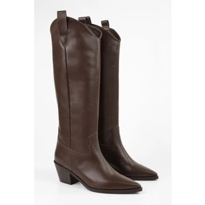 Kadın Meot Kahve Cilt Topuklu Western Binici Çizme