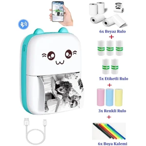 JW Jack Wayne Taşınabilir Mini Cep Yazıcı - Termal Yazıcı Printer- 6 Kağıt + 5 Rulo Çıkartma + 3 Renkli Kağıt + 6 Sulu Boya Kalemi (Mavi)
