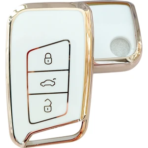 Volkswagen Passat B8 Skoda Superb Kodiaq Uyumlu Smart Kumanda Anahtar Kılıfı Oto Anahtarlık Beyaz Gold