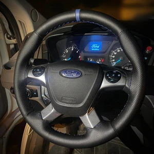 Dikişli Direksiyon Kılıfı Ithal Siyah Deri Noktalı Deri Mavi Yüzük Mavi Dikişli Ford Custom Için