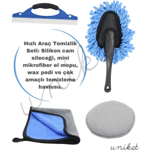 Hızlı Araç Temizlik Seti Cam Sileceği, Saplı Mikrofiber El Mopu, Wax Pedi ve Temizleme Havlusu