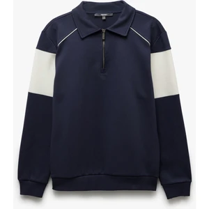 Pamuklu Renk Bloklu Uzun Kollu Yarım Fermuarlı Sweatshirt