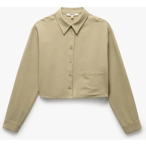 Keten Karışımlı Cepli Uzun Kollu Oversize Crop Gömlek