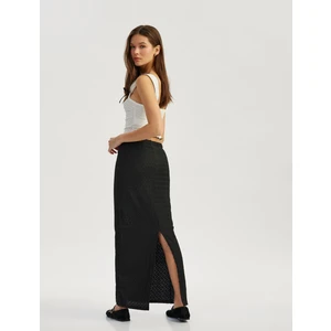 Yüksek Bel Slim Fit Yırtmaç Detaylı Astarlı Midi Kalem Etek