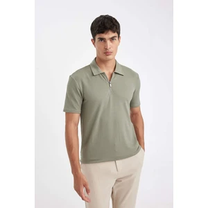 Slim Fit Dar Kesim Polo Yaka Yarım Fermuarlı Krinkıl Kısa Kollu Tişört D6478AX24HS