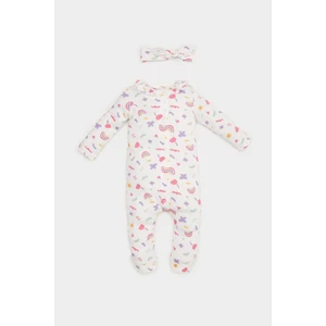 Kız Bebek Yenidoğan 2'li Tulum Gökkuşağı Baskılı Waffle Uzun Kollu Tulum Saç Bandı E2379A525SP