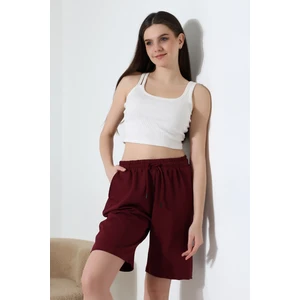 Rahat Kalıp Geniş Uzun Penye Pamuklu Unisex Şort 21823 Bordo