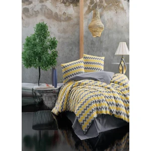 More Home Zikzaklı  Sarı  Gri Beyaz Andrazit  Tek  Kişilik Pamuklu Nevresim Takımı  Lastikli Çarşaflı