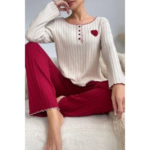 Bella Notte Nakışlı Bordo Pamuklu Kalp Detaylı Pijama Takımı