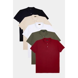 Erkek 5'li Paket Siyah-Beyaz-Taş-Haki-Bordo Slim Fit Dar Kesim Pamuklu Düz Pike Polo Yaka Tişört
