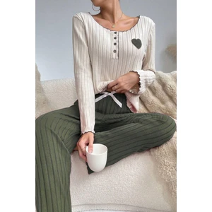 Bella Notte Nakışlı Yeşil Pamuklu Kalp Detaylı Pijama Takımı