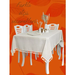 Organik Ham Keten Krem Ponponlu Masa Örtüsü