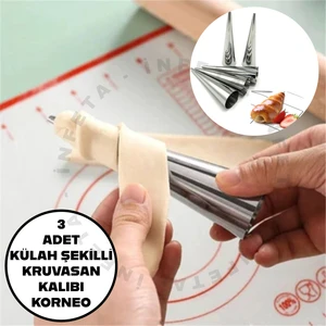 3'lü 12 cm Paslanmaz Çelik Kornet Hamur Şekil Verici Külah Şekilli Korneo Kruvasan Kalıbı 3 Adet