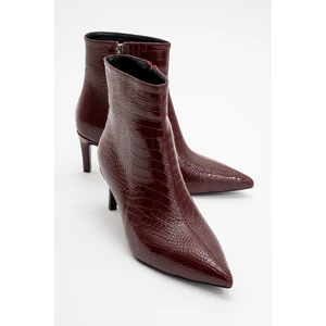 Noya Bordo Baskı Sivri Burun Kadın Ince Topuklu Bot