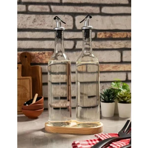 Mavi Trend 2'li Ahşap Stantlı Damlatmaz Zeytinyağı Sıvıyağ Şişesi Cam Yağdanlık Seti 750ML