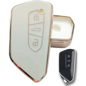 Volkswagen Golf 8 Seat Cupra Skoda Octavia Uyumlu Kumanda Anahtar Kılıfı Oto Anahtarlık Beyaz Gold