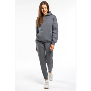 Basic Düz Eşofman Takımı Sweatshirt Jogger - Füme Oversize Şardonlu Kapüşonlu