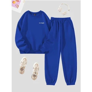 Los Angeles Mini Eşofman Takımı Sweatshirt Jogger - Sax Mavi Baskılı Oversize Şardonlu Bisiklet Yaka