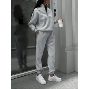 Basic Düz Fermuarlı Eşofman Takımı Sweatshirt Jogger - Gri Oversize Şardonlu Dik Yaka