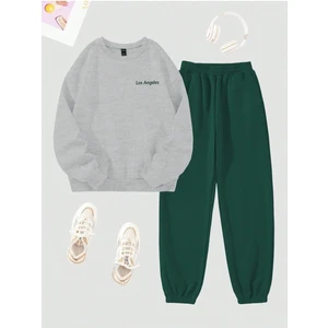 Los Angeles Mini Eşofman Takımı Sweatshirt Jogger - Gri Yeşil Baskılı Oversize Şardon Bisiklet Yaka