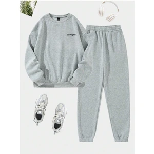 Los Angeles Mini Eşofman Takımı Sweatshirt Jogger - Gri Baskılı Oversize Şardonlu Bisiklet Yaka