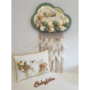BL Baby Ledli Bulut Bebek Kapı Süsü ve Yastık Ahşap Malzemeden 25 Harf Kişiselleştirme Seçeneği