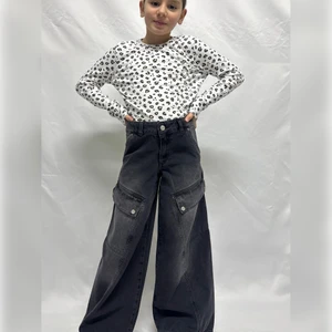 Ede Tekstil Kız Çocuk Cepli Geniş Paça Siyah Kot Pantolon