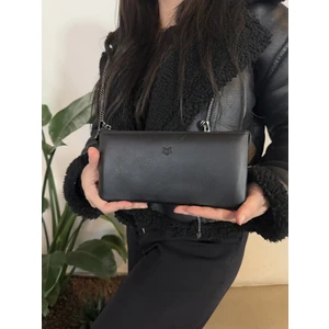 Hakiki Der Çok Gözlü Askılı Zarif Şık Siyah Renk Omuz & El Kadın Çanta 6382