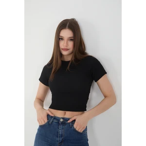 Kadın Bisiklet Yaka Fitilli Kısa Kol Body Crop Bluz