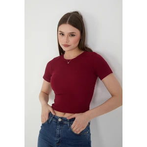 Kadın Bisiklet Yaka Fitilli Kısa Kol Body Crop Bluz