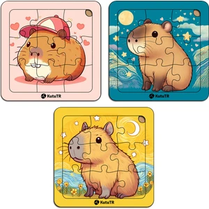 Çocuklar Için  Capybara Ahşap Renkli Yapboz 13X13 Ebadında Puzzle 9 Parça 3'lü Set 313