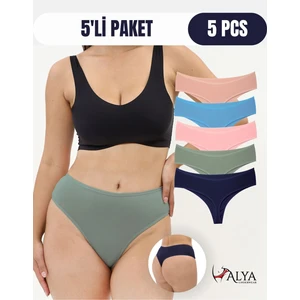 Alya Underwear Kadın Yüksek Bel, Toparlayıcı, Tanga Külotlar - Lacivert, Pembe, Yeşil, Ten, Mavi - 5'li Paket
