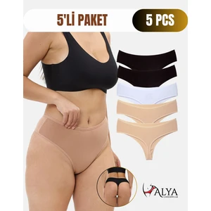 Alya Underwear Kadın Yüksek Bel, Toparlayıcı, Tanga Külotlar - 2 Siyah, 1 Beyaz, 2 Ten - 5'li Paket Adet