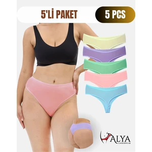 Alya Underwear Kadın Yüksek Bel, Toparlayıcı, Tanga Külotlar - Sarı, Lila, Mint, Mavi, Somon - 5'li Paket