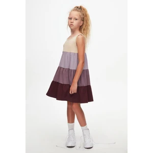 Kemik-Vişne Çürüğü Kat Kat Renkli Kız Çocuk Büzgülü Askılı Elbise