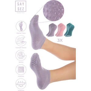 Bambu Kadın Kaydırmaz Beyaz Taban Silikon Baskı Pilates Yoga Fitness Dans Aktivite Patik Çorabı 3'lü