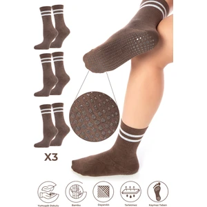 Bambu Kadın Kaydırmaz Taban Silikon Baskı Pilates Yoga Fitness Dans Aktivite Tenis Çorabı 3'lü Paket