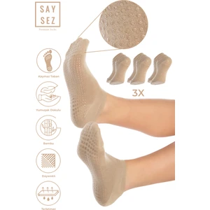 Bambu Kadın Kaydırmaz Beyaz Taban Silikon Baskı Pilates Yoga Fitness Dans Aktivite Patik Çorabı 3'lü
