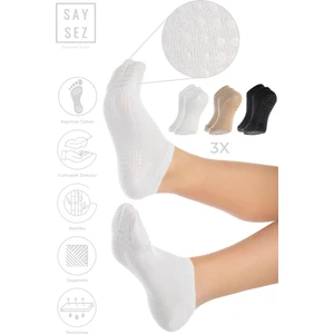 Bambu Kadın Kaydırmaz Beyaz Taban Silikon Baskı Pilates Yoga Fitness Dans Aktivite Patik Çorabı 3'lü