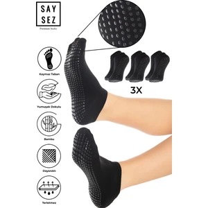 Bambu Kadın Kaydırmaz Beyaz Taban Silikon Baskı Pilates Yoga Fitness Dans Aktivite Patik Çorabı 3'lü