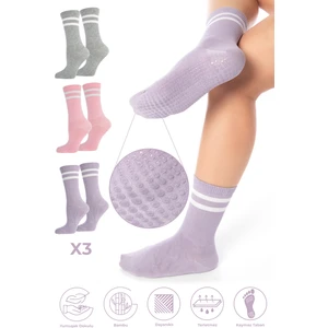 Bambu Kadın Kaydırmaz Taban Silikon Baskı Pilates Yoga Fitness Dans Aktivite Tenis Çorabı 3'lü Paket