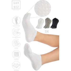 Bambu Kadın Kaydırmaz Beyaz Taban Silikon Baskı Pilates Yoga Fitness Dans Aktivite Patik Çorabı 3'lü