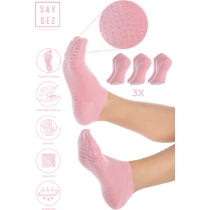 Bambu Kadın Kaydırmaz Beyaz Taban Silikon Baskı Pilates Yoga Fitness Dans Aktivite Patik Çorabı 3'lü