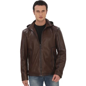 Erkek Çıkarılabilir Kapüşonlu Hakiki Kuzu Derisi Ceket Kahverengi Fermuarlı Rahat Günlük Deri Mont