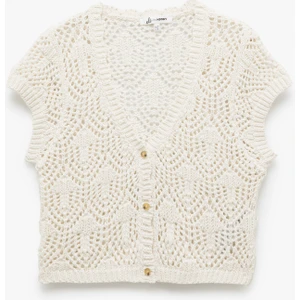 Ajurlu Kolsuz Düğmeli V Yaka Triko Hırka