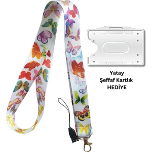 Renkli Kelebekler Kart Askısı Yaka Kartı Boyun Askı Ipi Telefon Askısı Yatay Dikey Kart Koruyucu