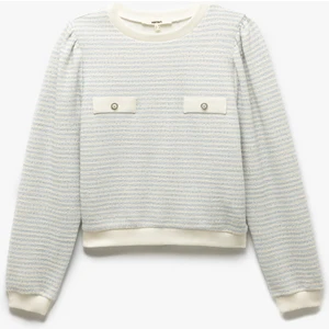 Uzun Balon Kol Aplike Detaylı Bisiklet Yaka Çizgili Sweatshirt