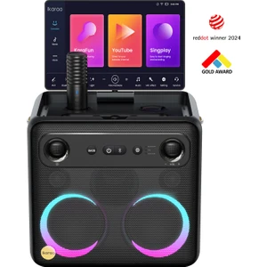 Partybox Break X2 600W Karaoke Bluetooth Hoparlör Seti, 10.1" Dahili Tablet, 2 Kablosuz Gizlenebilir Otomatik Şarjlı Mikrofon, Rgb Işıklı Taşınabilir Ses Bombası Siyah