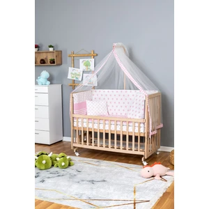Ahşap Beşik Anne Yanı Beşik Organik 70X130 - Pembe Yıldız 1 Yastıklı Uyku Seti + Yataklı+Tekerlekli